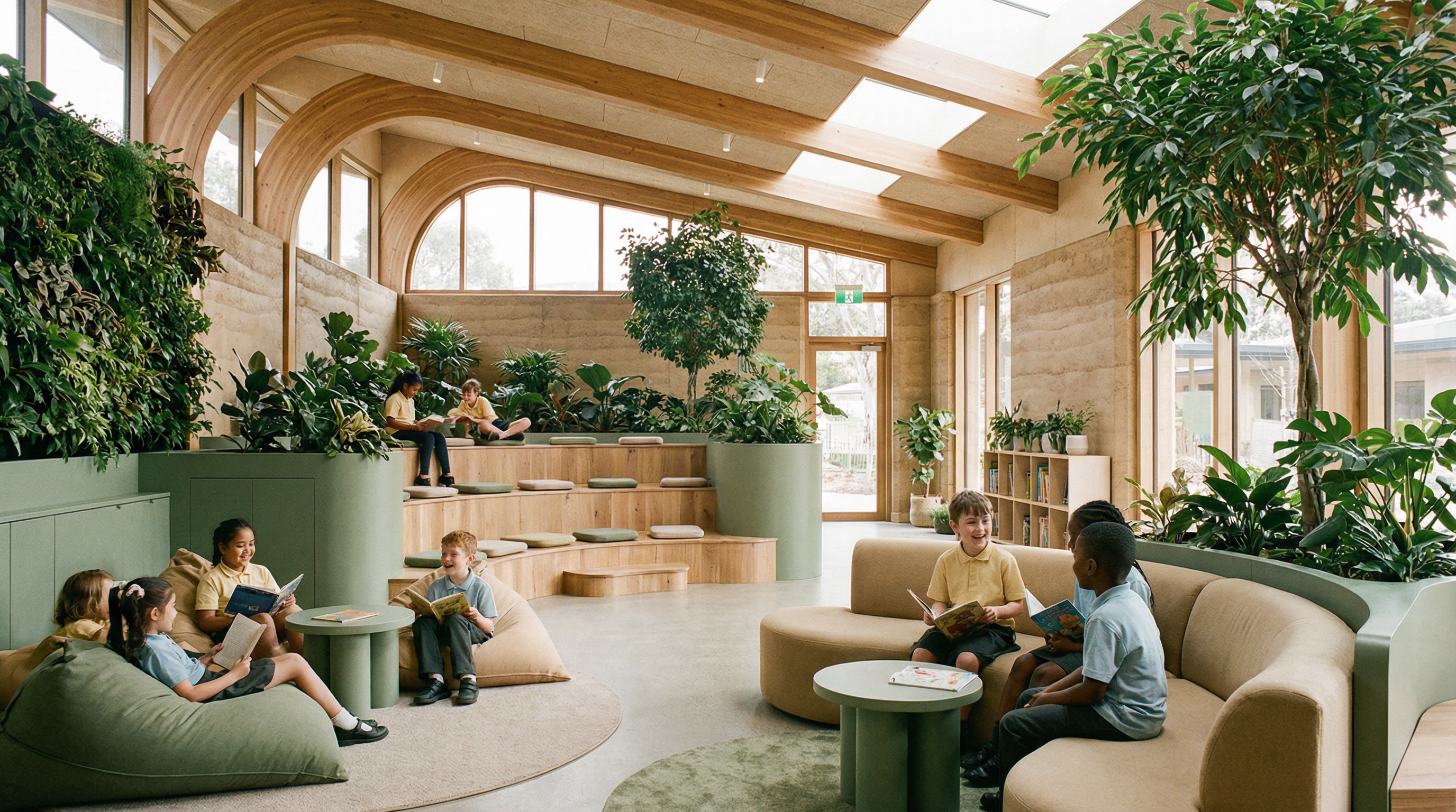 Happy students learning in a garden-like environment